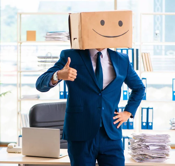 Happy man with box instead of his head — Stock Photo, Image