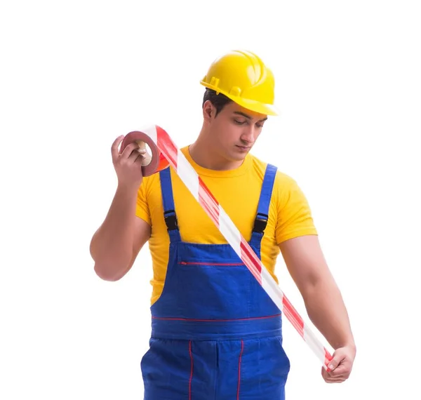 穿着带带子的工作服的有趣的工人 — 图库照片