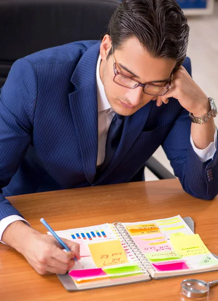 Junger schöner Mitarbeiter plant seine Arbeitstätigkeit — Stockfoto