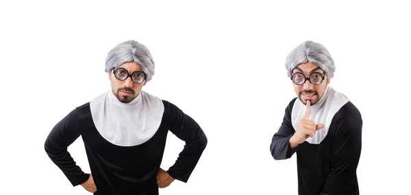 Homem vestindo roupa de freira isolado no branco — Fotografia de Stock