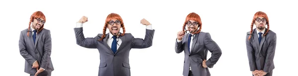 Funny businessman with female wig isolated on white — Stock Photo, Image