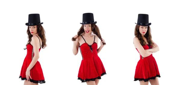 Weibliches Model posiert in rotem Minikleid auf weißem Grund — Stockfoto