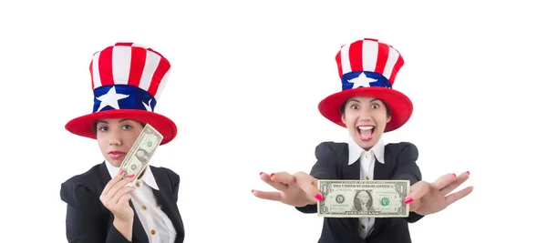 Junge Frau mit Dollar und US-Hut — Stockfoto