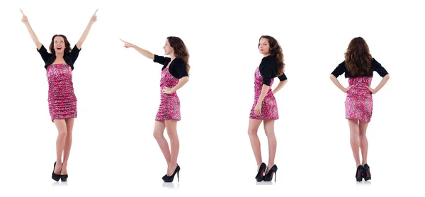 Frau drückt virtuellen Knopf isoliert auf Weiß — Stockfoto