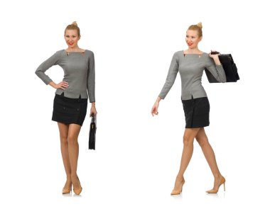 Evrak çantalı kadın, beyaz tenli.