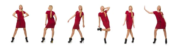 Blond hair woman in bordo dress isolated on white — Stock Photo, Image