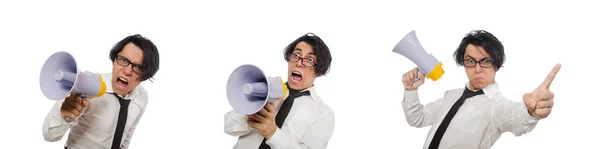 Homme en colère avec haut-parleur isolé sur blanc — Photo