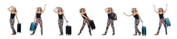 Žena připravena k letnímu cestování izolované na bílém — Stock fotografie