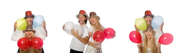 Pareja divertida con globos aislados en blanco —  Fotos de Stock