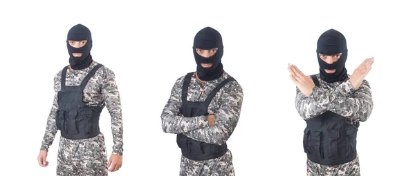 Voják v maskáčích izolovaných na bílém — Stock fotografie