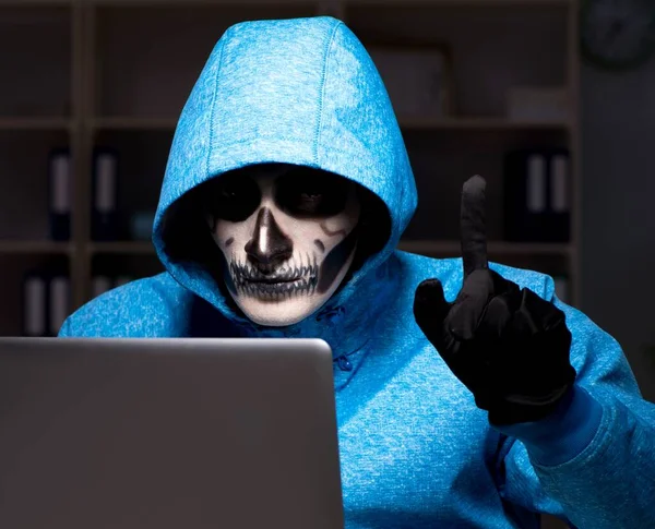 Scary hacker hacking security firewall late in office — Stock Photo, Image