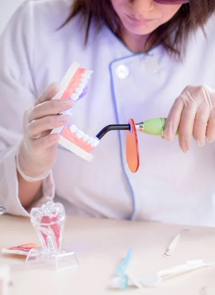 Mujer dentista trabajando en implantes dentales —  Fotos de Stock