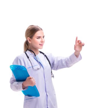 Genç kadın doktor beyaz arka planda izole edilmiş.