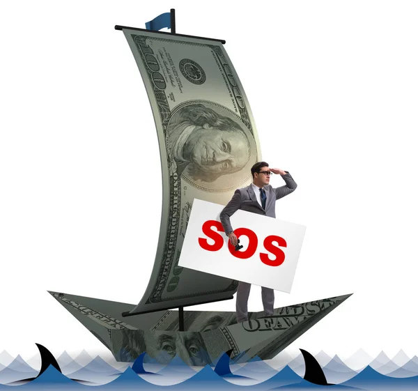 Empresario pidiendo ayuda con el mensaje de SOS en barco — Foto de Stock