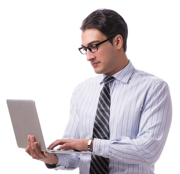 Νεαρός επιχειρηματίας με φορητό υπολογιστή απομονωμένο σε λευκό φόντο Εικόνα Αρχείου