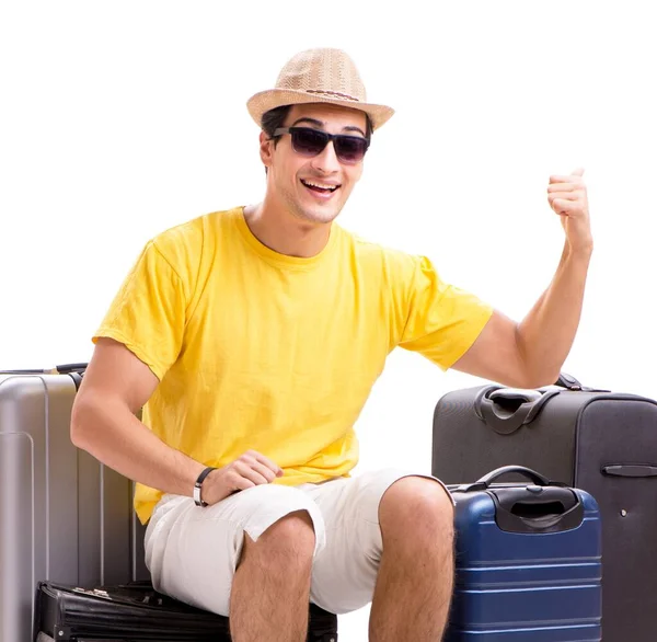 De gelukkige jongeman gaat op zomervakantie geïsoleerd op wit — Stockfoto