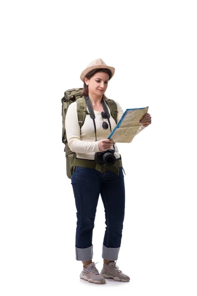 Turista feminino envelhecido isolado em branco — Fotografia de Stock