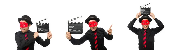 Jongeman met rood masker geïsoleerd op wit — Stockfoto