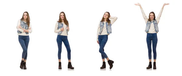 Söt flicka i jeans kläder isolerad på vitt — Stockfoto