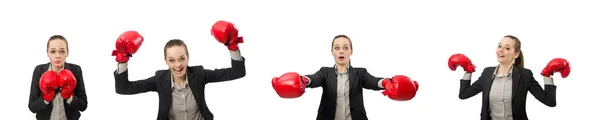 Mujer de negocios con guantes de boxeo aislados en blanco —  Fotos de Stock