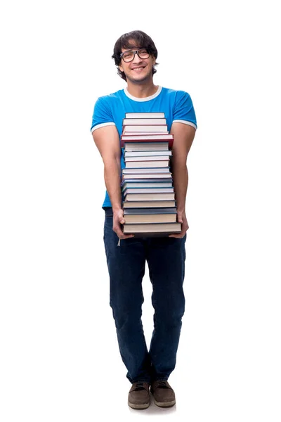 Studente maschio con molti libri isolati su bianco — Foto Stock