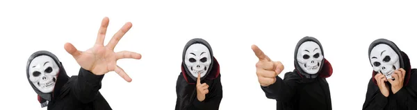 Mann im Horrorkostüm mit Maske auf weißem Hintergrund — Stockfoto