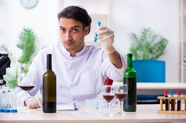 Erkek kimyager laboratuvarda şarap örneklerini inceliyor.