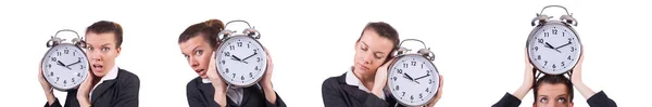 Mujer con reloj gigante en blanco —  Fotos de Stock