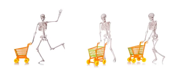 Esqueleto con carro de la compra aislado en blanco — Foto de Stock