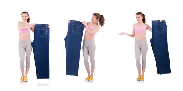 Mujer con jeans de gran tamaño en concepto de dieta — Foto de Stock