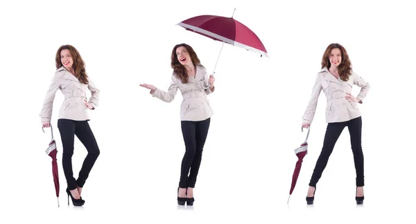 Femme avec parapluie isolé sur blanc — Photo