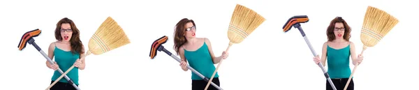 Jovem dona de casa fazendo limpeza em branco — Fotografia de Stock