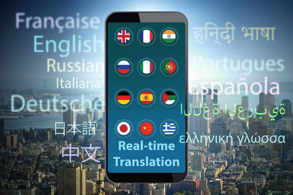スマートフォンアプリでリアルタイム翻訳の概念 – 3Dレンダリング — ストック写真