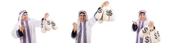 Hombre árabe con sacos de dinero aislados en blanco —  Fotos de Stock