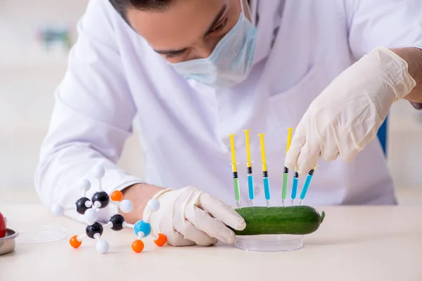 Expert op het gebied van mannelijke voeding die levensmiddelen in het lab test — Stockfoto
