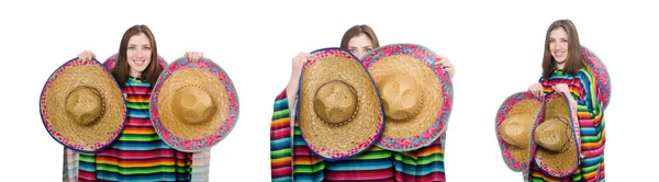 Hübsches mexikanisches Mädchen in lebendigem Poncho isoliert auf weiß — Stockfoto