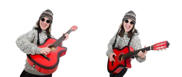 Joven chica optimista sosteniendo la guitarra aislada en blanco —  Fotos de Stock