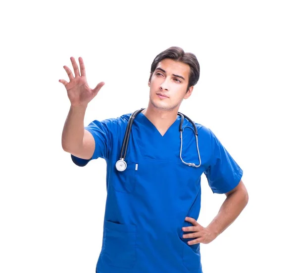Jeune médecin masculin appuyant sur des boutons isolés sur blanc — Photo