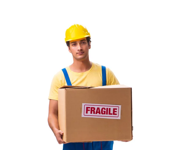 Giovane imprenditore con scatole fragili isolate su bianco — Foto Stock