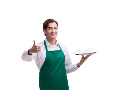 Genç garson beyaz arka planda izole edilmiş.