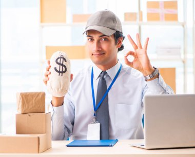 Male employee working in box delivery relocation service clipart