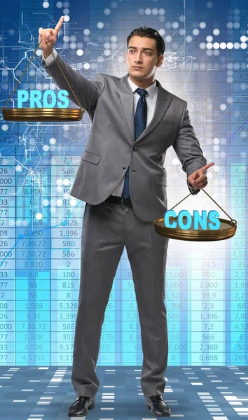 Businessman choosing pros and cons — Stock Photo, Image