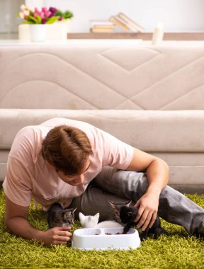 Genç adam evde kedi yavrusuyla oynuyor.