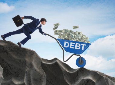 İş adamı, dolarlarla el arabasını yokuş aşağı itiyor