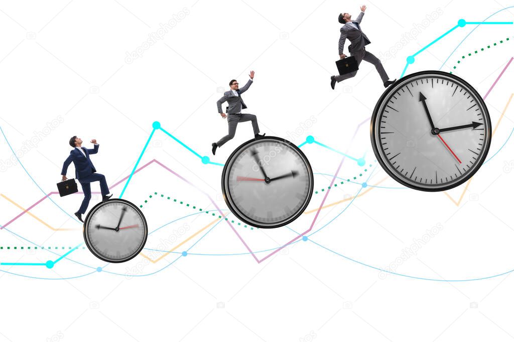 Growth and recovery concept with businessman and clocks
