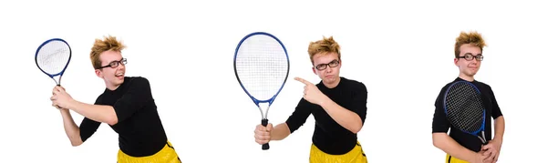 Grappige tennisspeler geïsoleerd op wit — Stockfoto