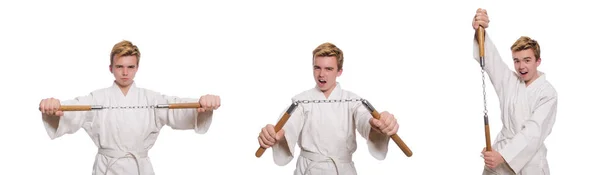 Combattente karate divertente con nunchaku su bianco — Foto Stock