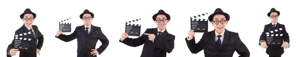 Engraçado homem em terno elegante com filme clapboard isolado em branco — Fotografia de Stock