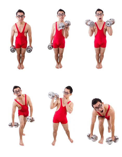 Funny guy with dumbbels on white — Stock Photo, Image