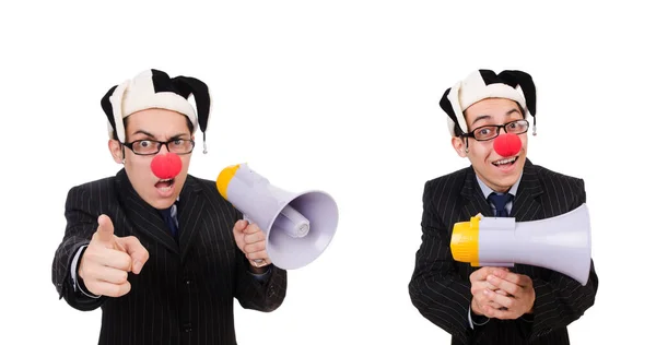 Клоун-бизнесмен с громкоговорителем на белом — стоковое фото